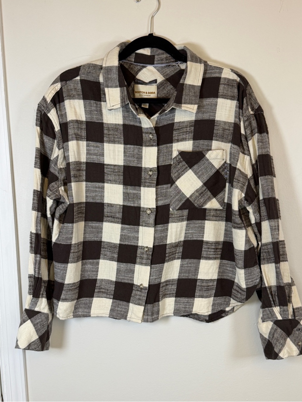 Scotch & Soda Plaid Button Down Flannel Shirt L Boxy Cropped Brown Cream Cotton